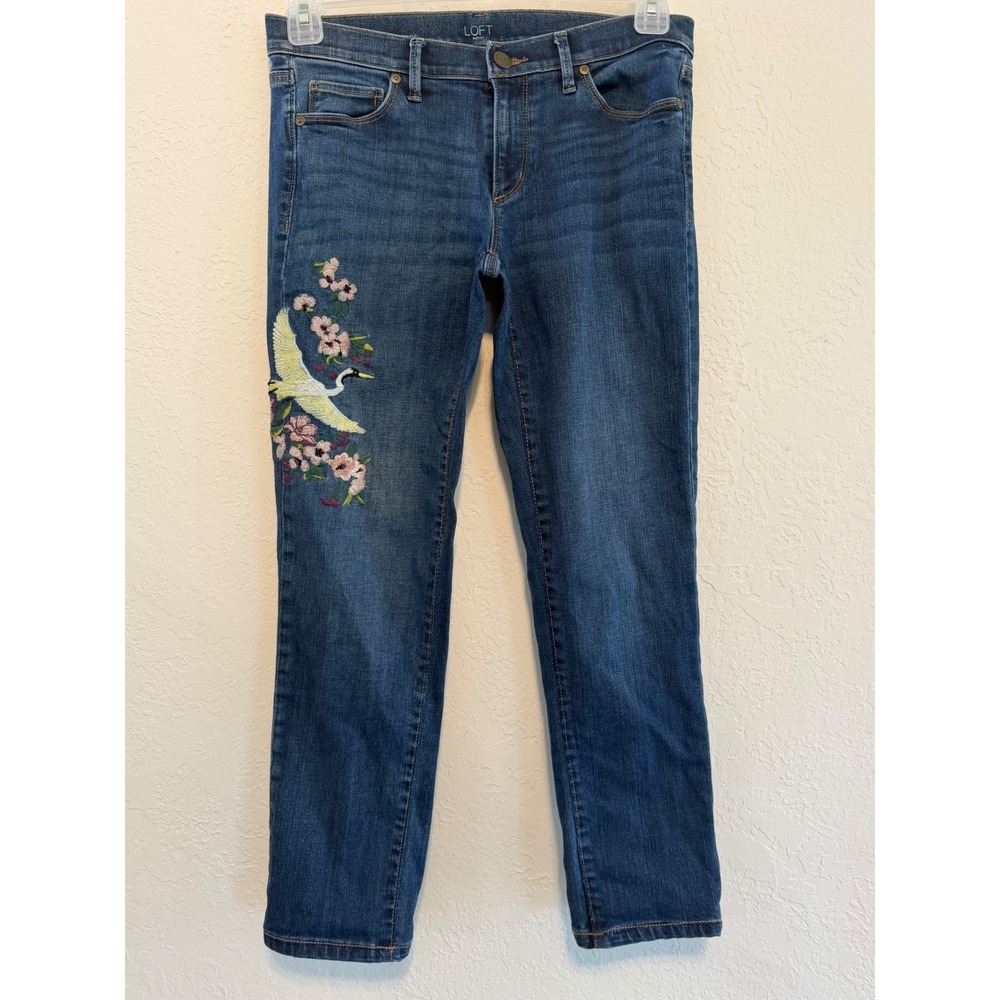 Loft Outlet Modern Cuffed Crop Jeans Blue Embroidered Crane Floral Size 4